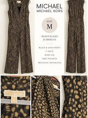 Michael Kors Black with Gold Print Sleeveless V-Neck Wide-Leg Jumpsuit